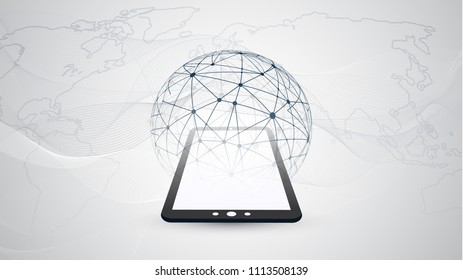 Digital Network Connections, Mobile Technology Background - Cloud Computing Design Concept with Transparent Geometric Wireframe