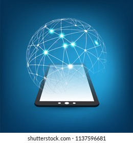 Digital Network Connections, Mobile Technology Background - Cloud Computing Design Concept with Transparent Geometric Wireframe