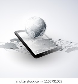 Digital Network Connections, Mobile Technology Background - Cloud Computing Design Concept with Network Mesh, Earth Globe and Tablet PC, Mobile Device