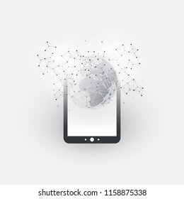 Digital Network Connections, Mobile Technology Background - Cloud Computing Design Concept with Wireframe, Earth Globe and Tablet PC, Mobile Device