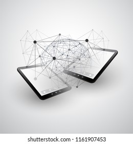 Digital Network Connections, Mobile Technology Background - Cloud Computing Design Concept with Network Mesh, Globe and Tablet PC, Mobile Device