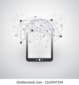 Digital Network Connections, Mobile Technology Background - Cloud Computing Design Concept with Network Mesh, Globe and Tablet PC, Mobile Device