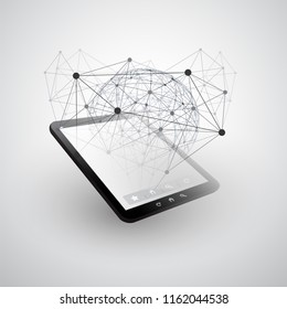 Digital Network Connections, Mobile Technology Background - Cloud Computing Design Concept with Network Mesh, Globe and Tablet PC, Mobile Device