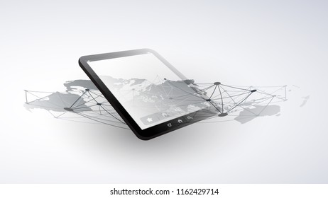 Digital Network Connections, Mobile Technology Background - Cloud Computing Design Concept with Network Mesh and Tablet PC