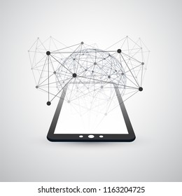 Digital Network Connections, Mobile Technology Background - Cloud Computing Design Concept with Network Mesh, Globe and Tablet PC, Mobile Device