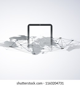 Digital Network Connections, Mobile Technology Background - Cloud Computing Design Concept with Network Mesh and Tablet PC