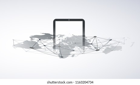 Digital Network Connections, Mobile Technology Background - Cloud Computing Design Concept with Network Mesh and Tablet PC