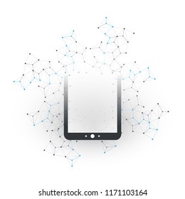 Digital Network Connections, Mobile Technology Background - Cloud Computing Design Concept with Network Mesh and Tablet PC, Mobile Device