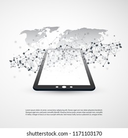Digital Network Connections, Mobile Technology Background - Cloud Computing Design Concept with Network Mesh, World Map and Tablet PC, Mobile Device