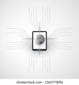 Conexiones de red digitales, fondo de tecnología móvil: diseño de computación en nube con malla, globo terrestre y Tablet PC, dispositivo portátil