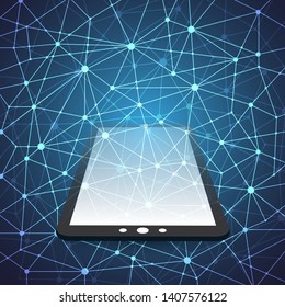 Digital Network Connections, Mobile Technology, Cloud Computing Design Concept with Network Mesh and Tablet PC, Mobile Device