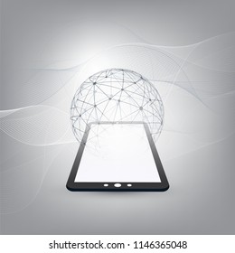 Digital Network Connections, Technology Background - Cloud Computing Design Concept with Wireframe Globe and Tablet PC