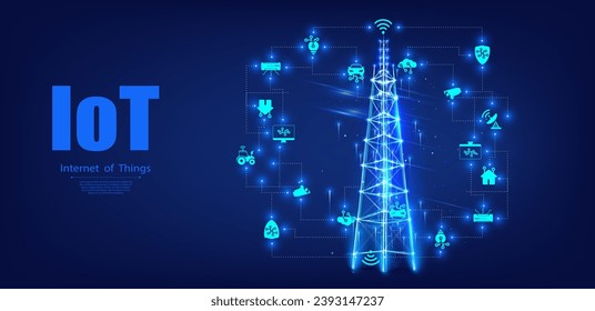 Digital Network Connectivity of IoT - Internet of Things Concept with Icons and Signals. 5G telecommunication, city communication, LTE transmitter concept. Vector illustration