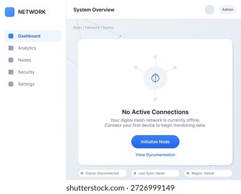 Un panel de red digital muestra un mensaje que indica que no hay conexiones activas. Los usuarios pueden inicializar un nodo para conectar su dispositivo para la supervisión y la administración.