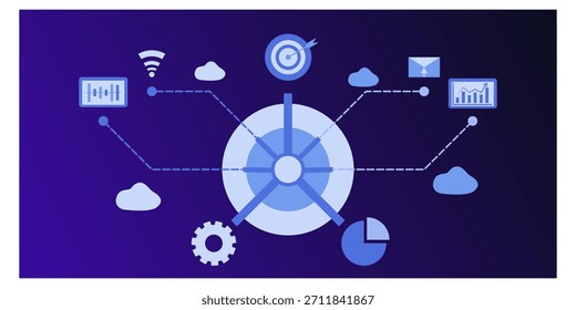 Ilustração de hub de rede digital com computação em nuvem, lógica analítica, sinais wireless e elementos de estratégia de negócios.