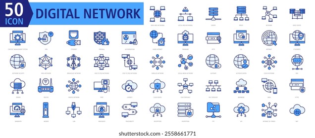 Digital Network Icon Set  Blue with Wide Area Networks,Local Area Networks,Server,Proxy,Network,Data Center