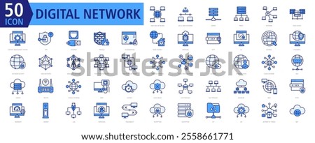 Digital Network Icon Set  Blue with Wide Area Networks,Local Area Networks,Server,Proxy,Network,Data Center