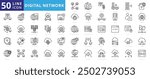 Digital network icon set with internet, ethernet, router, modem, wifi, lan, wan, vpn, firewall, ip address, dns and tcp.