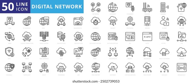 Digital network icon set with internet, ethernet, router, modem, wifi, lan, wan, vpn, firewall, ip address, dns and tcp.