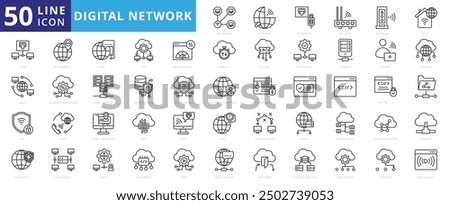 Digital network icon set with internet, ethernet, router, modem, wifi, lan, wan, vpn, firewall, ip address, dns and tcp.