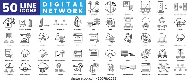 Ícone de rede digital definido com internet,ethernet,roteador,vpn,wan,ip,dns,servidor,firewall,modem,wifi,lan,autorização e topologia