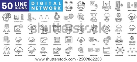 Digital network icon set with internet,ethernet,router,vpn,wan,ip,dns,sever,firewall,modem,wifi,lan,authorization and Topology