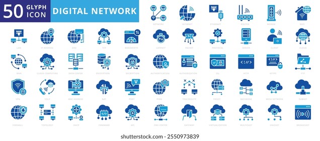 Ícone de rede digital conjunto de modem, vpn, api, pacote, cliente, wan, gateway, nuvem, digital, rede, Internet, computação em nuvem, wifi, servidor, porta, firewall, criptografia, roteador, ethernet, lan, http