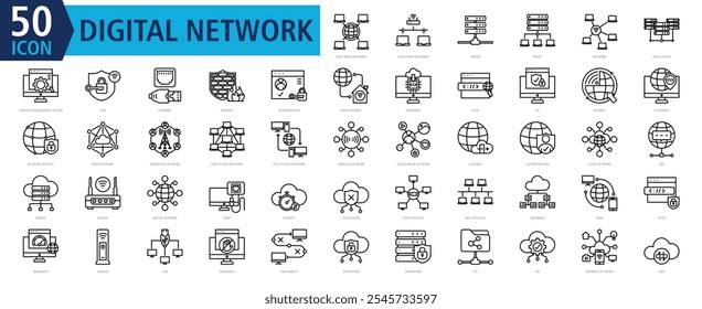 Conjunto de ícones de rede digital com redes remotas, redes locais, servidor, proxy, rede, data center