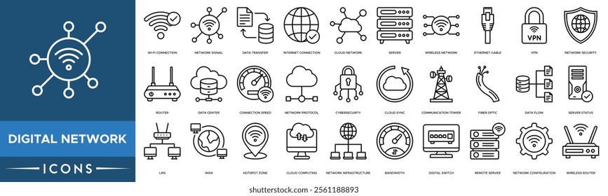 Digital Network icon. Wi-Fi Connection, Network Signal, Data Transfer, Internet Connection and Cloud Network