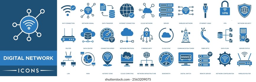 Digital Network icon. Wi-Fi Connection, Network Signal, Data Transfer, Internet Connection and Cloud Network