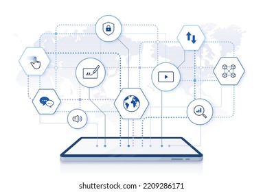 digital network illustration: technology platform, ai icons. global network connection with tablet PC on world map background