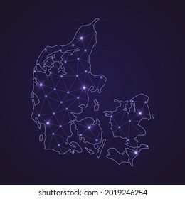 Mapa de red digital de Dinamarca. Resumen de la línea de conexión y punto en el fondo oscuro