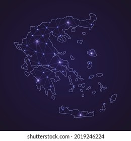 Mapa de red digital de Grecia. Resumen de la línea de conexión y punto en el fondo oscuro