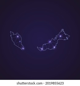 Mapa de red digital de Malasia. Resumen de la línea de conexión y punto en el fondo oscuro