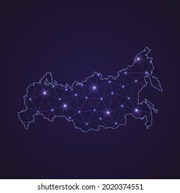 Digital Network Map Of Russia. Abstract Connect Line And Dot On Dark Background