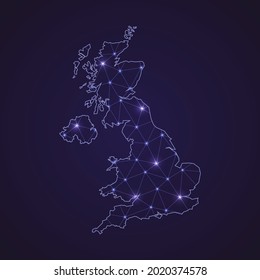 Mapa de red digital del Reino Unido. Resumen de la línea de conexión y punto en el fondo oscuro