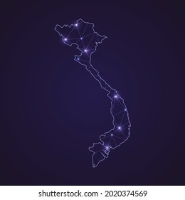 Digitale Netzwerkkarte von Vietnam. Abstrakte Verbindungslinie und Punkt auf dunklem Hintergrund