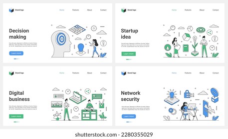 Digital network security, business decision making, startup and idea success set vector illustration. Cartoon tiny people work with mobile app, financial report of sales graph, target in abstract head