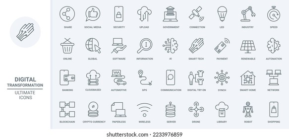 Digital network technology and communication thin line icons set vector illustration. Abstract outline mobile apps for online banking and social media, information storage, industry automation