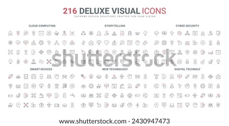 Digital network technology, storytelling, security line icons set. Cyber protection from phishing and virus, devices for online games and smart home thin black and red symbols vector illustration