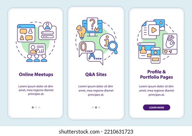 Digital networking alternatives onboarding mobile app screen. E-meets walkthrough 3 steps editable graphic instructions with linear concepts. UI, UX, GUI template. Myriad Pro-Bold, Regular fonts used
