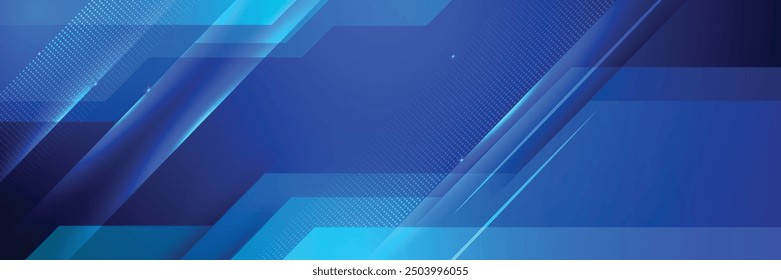 Digital networking blue wide banner design background. Abstract 3d banner design with dark blue technology geometric background. Vector illustration