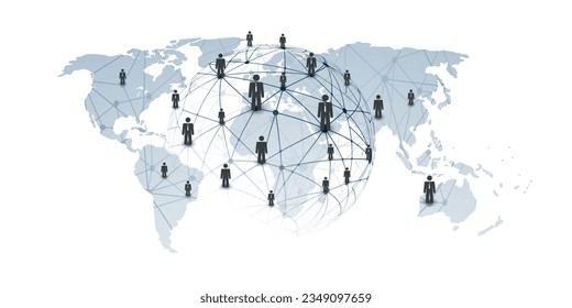 Digital Networks, IT, Global Business Connections - Team Work or Social Media Concept Design with Globe, Connected People and Transparent Polygonal Network Mesh - Template Isolated on White Background