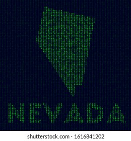 Digital Nevada logo. US state symbol in hacker style. Binary code map of Nevada with US state name. Creative vector illustration.