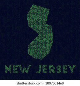 Digital New Jersey logo. US state symbol in hacker style. Binary code map of New Jersey with US state name. Classy vector illustration.