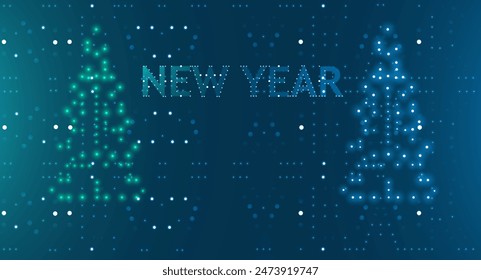 Fondo de Año Nuevo digital con texto brillante y Formas de árbol de Navidad hechas de puntos azules. Perfecto para saludos festivos, tarjetas de vacaciones y promociones de temporada. Diseño moderno y vibrante. Vector