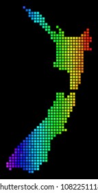 Digital New Zealand Map. Vector territory plan in bright spectral color shades on a black background. Abstract New Zealand Map mosaic is combined with luminous small squares.