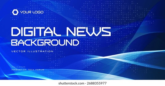 Fundo de notícias digitais, padrão de ondas de tecnologia azul, pontos de mapa de mundo de grade futurista. Para banners de mídia, gráficos de transmissão de TV, cabeçalhos de site, promoção de conferência. Ilustração vetorial.