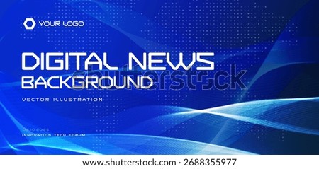Digital news background, blue tech waves pattern, futuristic grid world map dots. For media banners, TV broadcast graphics, website headers, conference promo. Vector illustration.