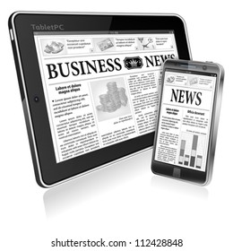 Digital News Concept with Business Newspaper on screen Tablet PC and Smartphone, vector
